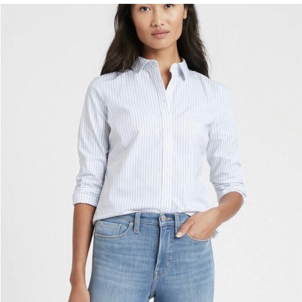 COPY - Brand New BR Riley Tailored Fit Long Sleeve, Size 6T white with blue str…